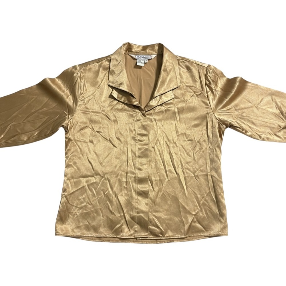 KB Lawrence Gold Satin Blouse Long Sleeve Button Down Metallic Top Womens 16